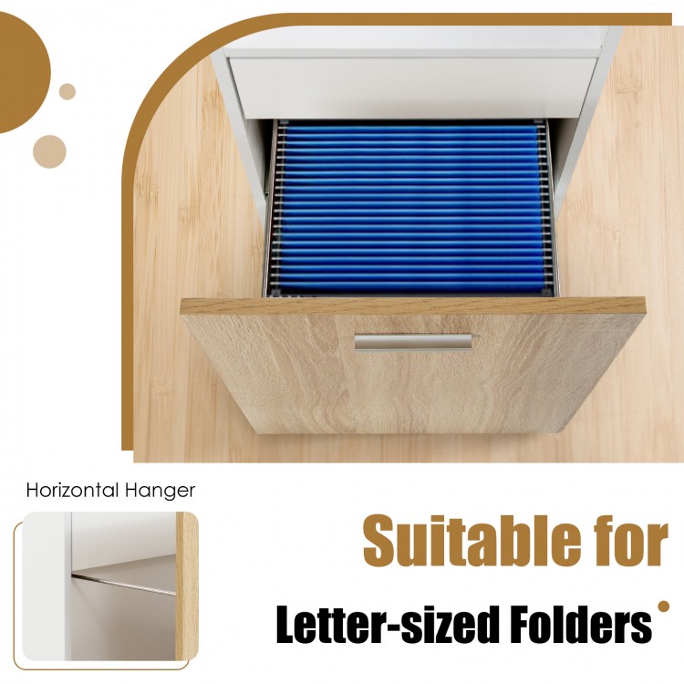 Top view of a file cabinet drawer with blue hanging bars, suitable for letter-sized folders, ideal for office.